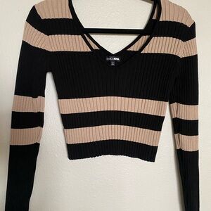 Fashion Nova Black and Tan Striped Ribbed Top